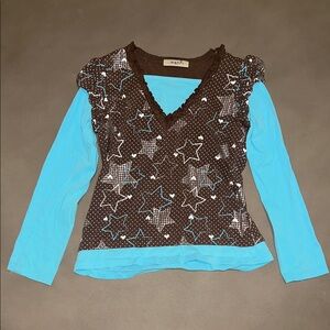 VINTAGE Y2K Belle Du Jour Brown and Teal Top with Stars